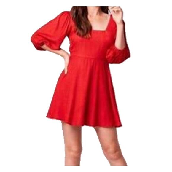 BAND OF THE FREE Women M Josette Dress Aurora Red Puff Sleeve Mini Flared Lined - Picture 1 of 10